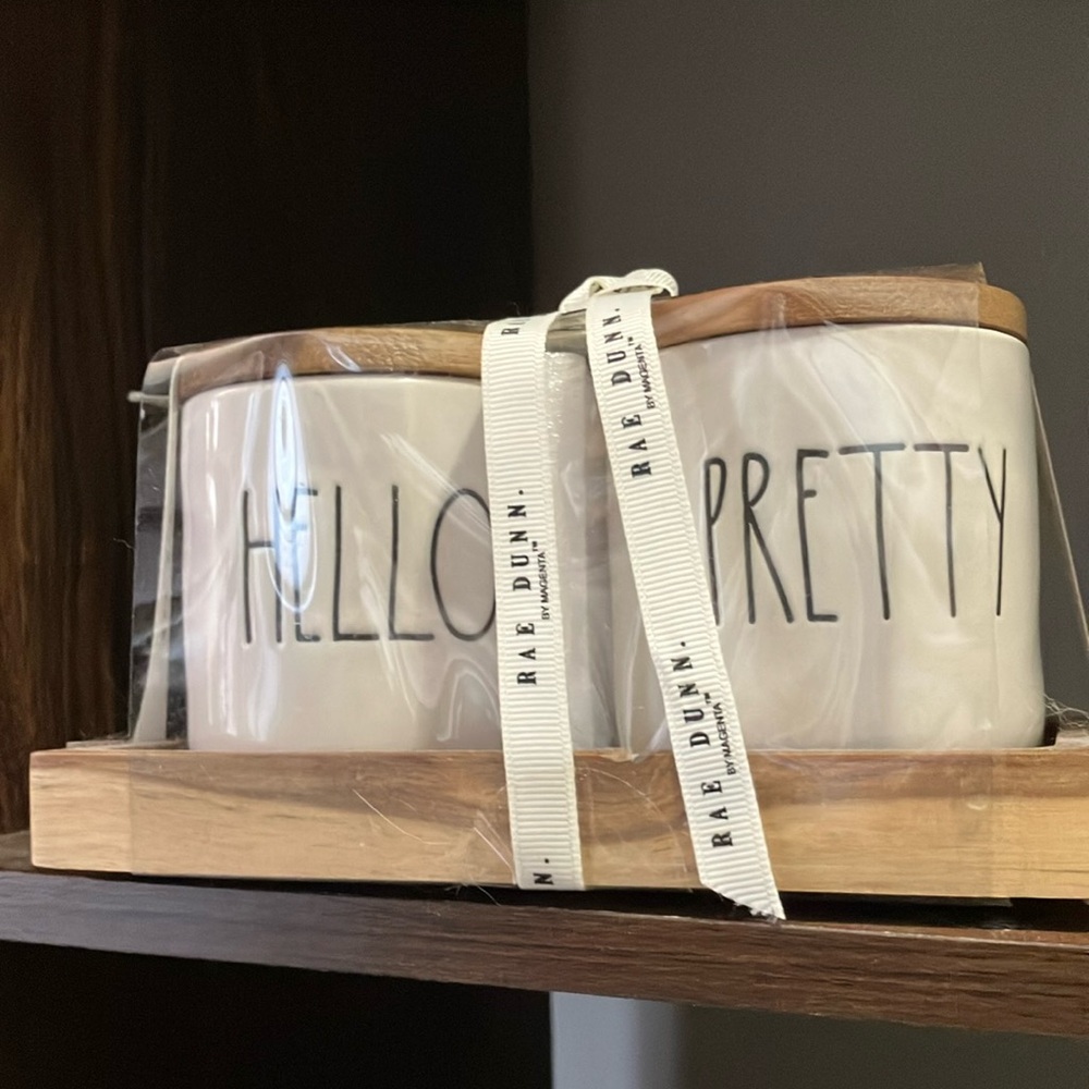 Rae Dunn Hello Pretty Small Canister Set Wood Lids Tray NEW
